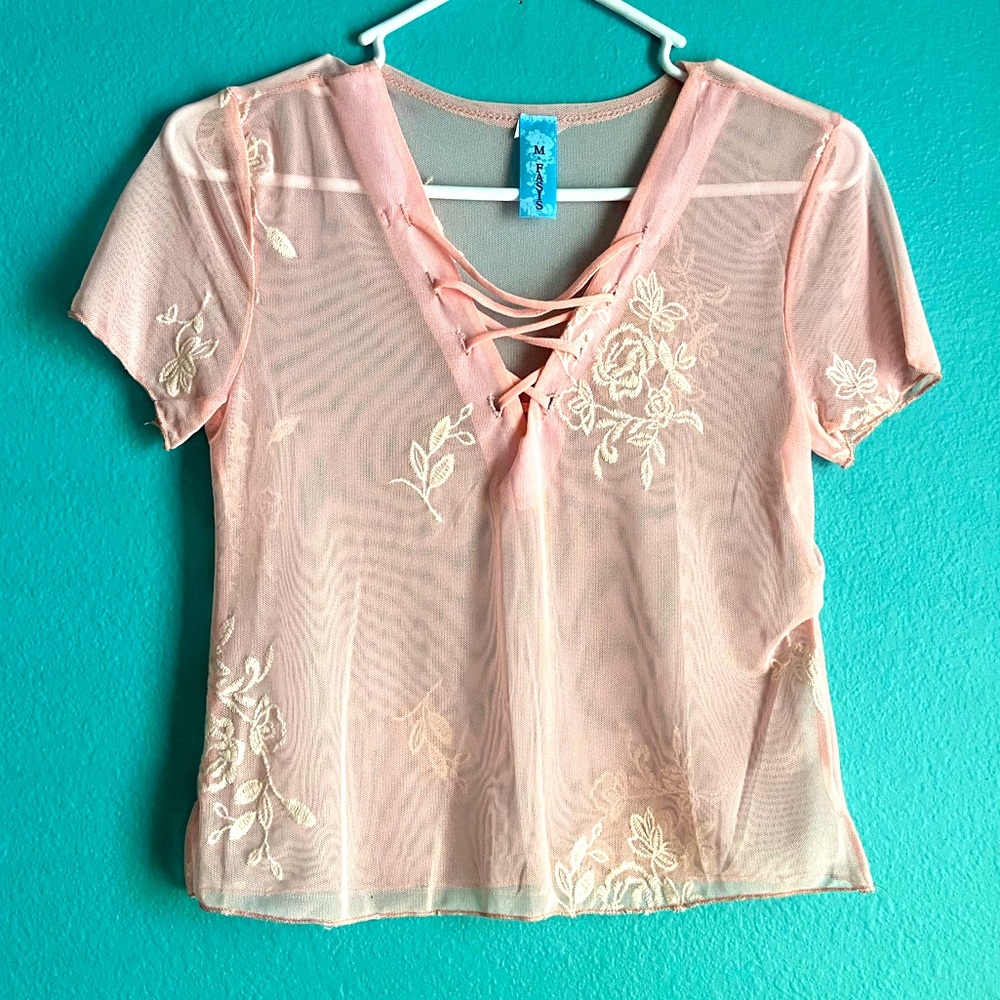 Shear Light Pink Floral Lace Up Crop Top
